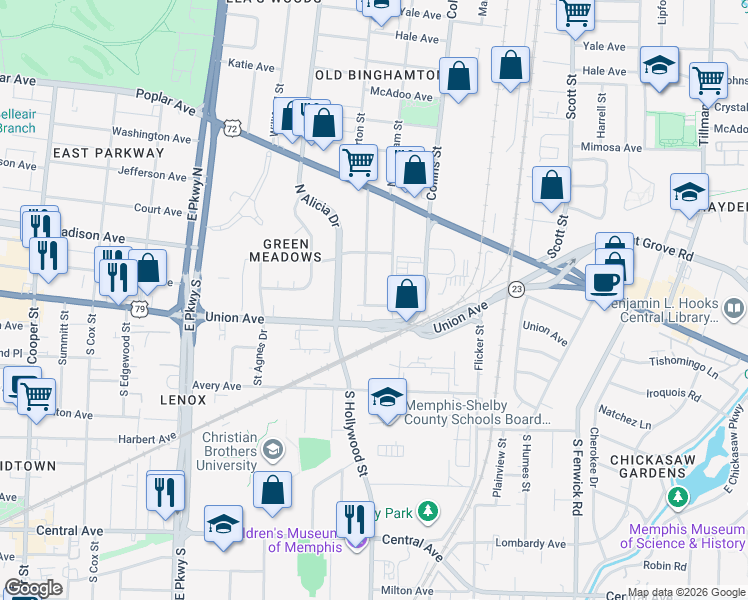map of restaurants, bars, coffee shops, grocery stores, and more near 34 South Merton Street in Memphis