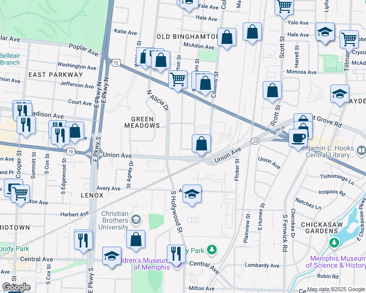 map of restaurants, bars, coffee shops, grocery stores, and more near 34 South Merton Street in Memphis