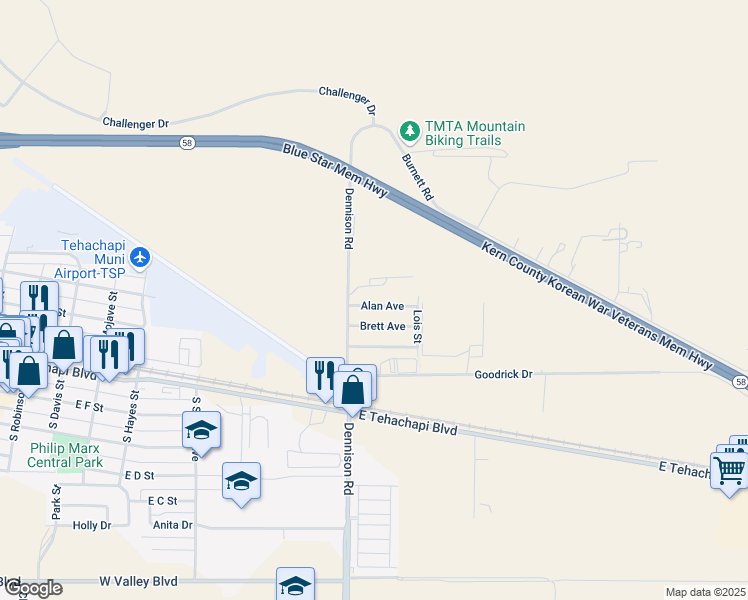 map of restaurants, bars, coffee shops, grocery stores, and more near 49506 Alan Avenue in Tehachapi