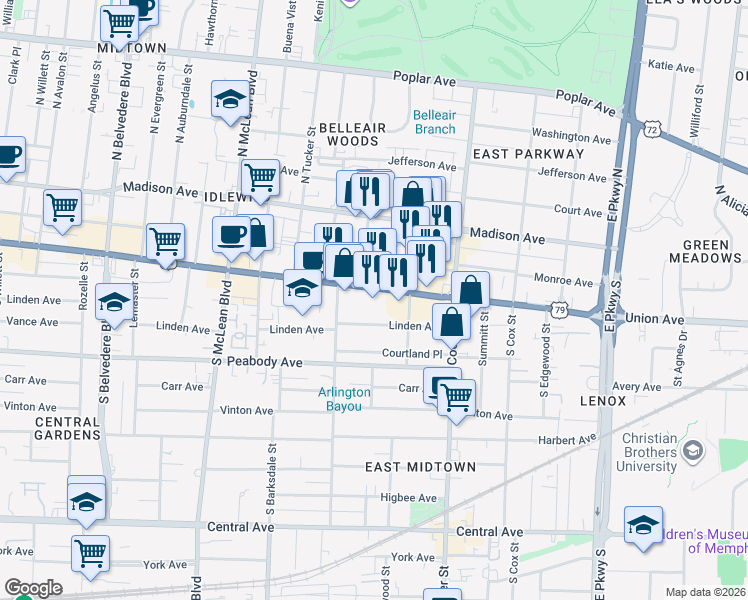 map of restaurants, bars, coffee shops, grocery stores, and more near 2029 Union Avenue in Memphis