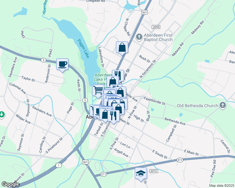 map of restaurants, bars, coffee shops, grocery stores, and more near 214 North Poplar Street in Aberdeen