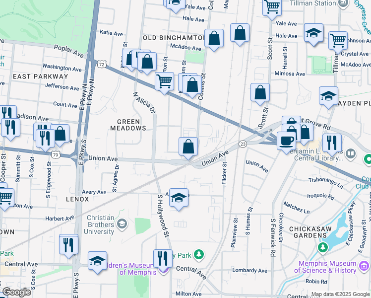 map of restaurants, bars, coffee shops, grocery stores, and more near 38 South Bingham Street in Memphis