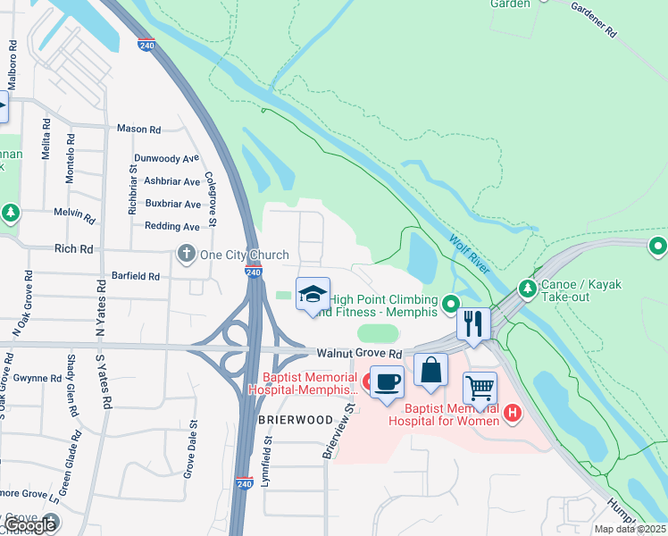 map of restaurants, bars, coffee shops, grocery stores, and more near 330 North Humphreys Boulevard in Memphis