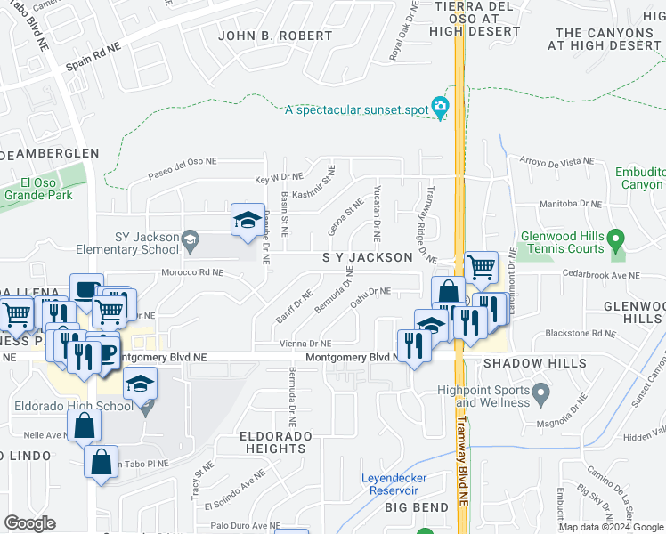 map of restaurants, bars, coffee shops, grocery stores, and more near 12209 Morocco Road Northeast in Albuquerque
