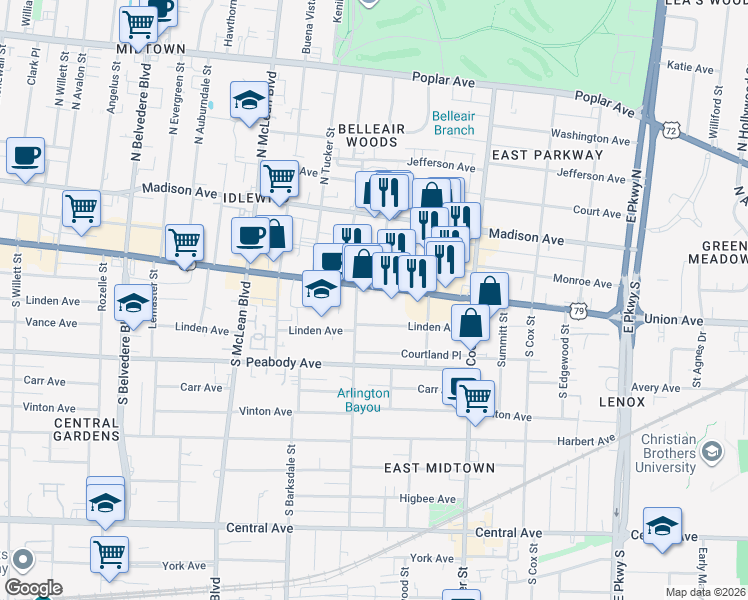 map of restaurants, bars, coffee shops, grocery stores, and more near 2029 Union Avenue in Memphis
