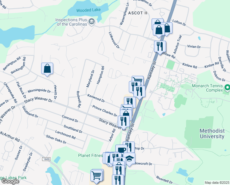 map of restaurants, bars, coffee shops, grocery stores, and more near 3037 Candlelight Drive in Fayetteville