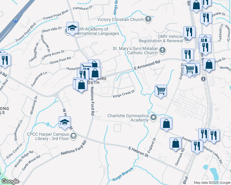 map of restaurants, bars, coffee shops, grocery stores, and more near 7612 Silver Arrow Drive in Charlotte