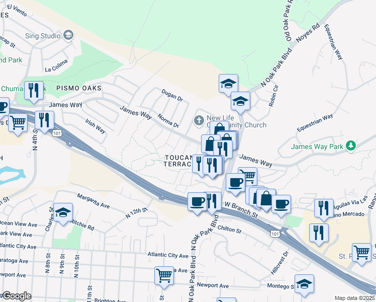 map of restaurants, bars, coffee shops, grocery stores, and more near 111 Holly Way in Pismo Beach