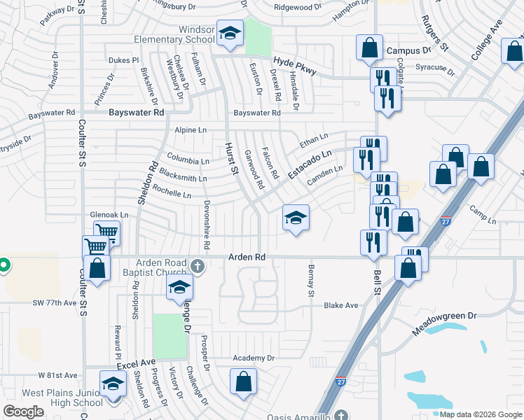 map of restaurants, bars, coffee shops, grocery stores, and more near 6702 Garwood Rd in Amarillo