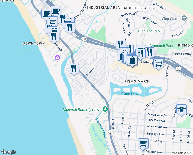 map of restaurants, bars, coffee shops, grocery stores, and more near 180 Dolliver Street in Pismo Beach