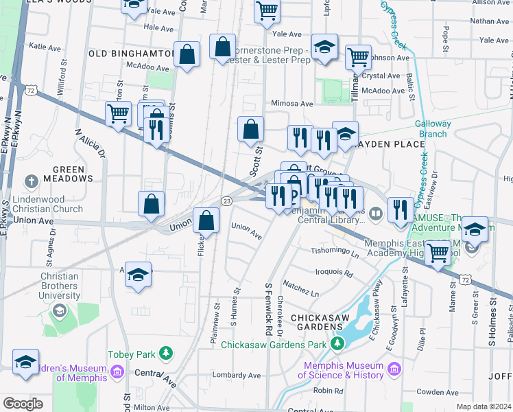 map of restaurants, bars, coffee shops, grocery stores, and more near 2770 Tennessee 23 in Memphis