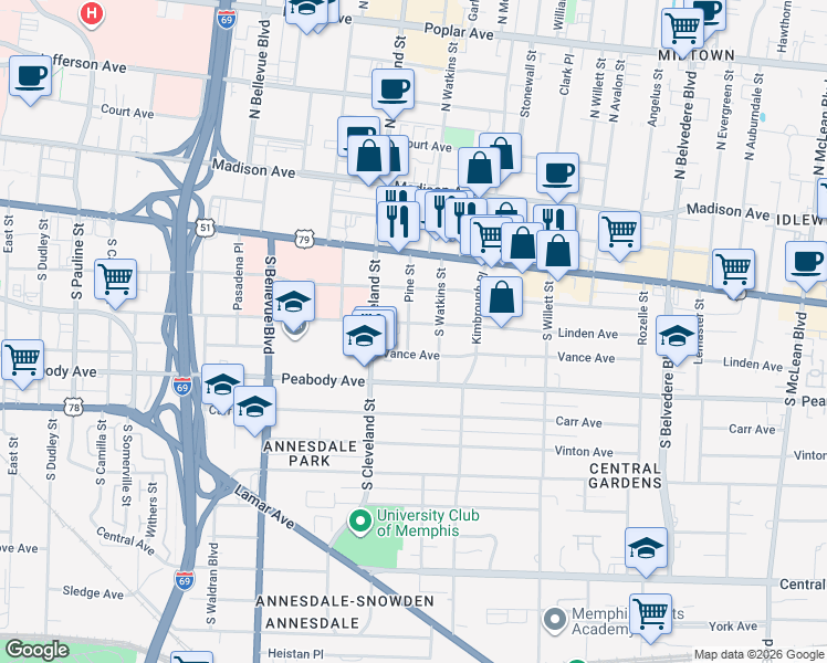 map of restaurants, bars, coffee shops, grocery stores, and more near 268 Pine Street in Memphis