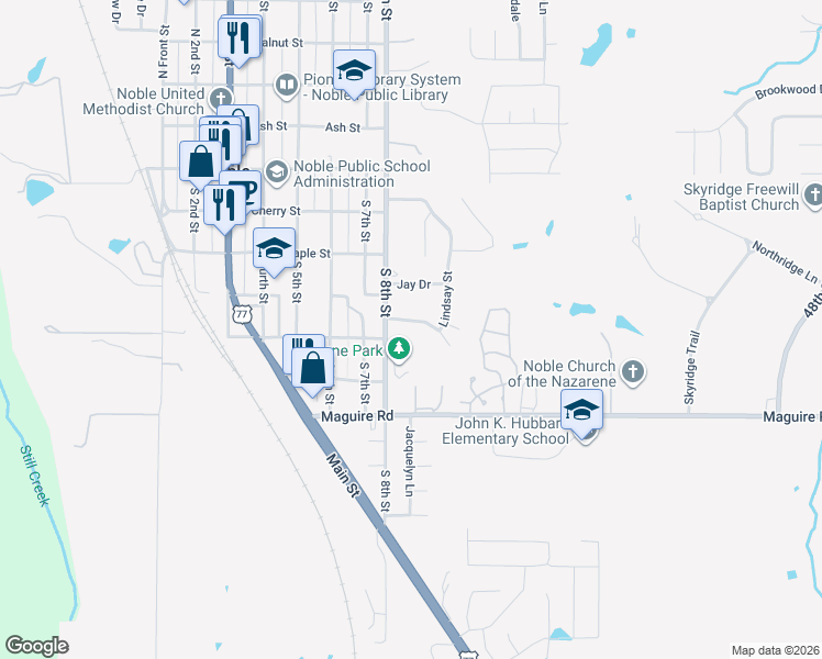 map of restaurants, bars, coffee shops, grocery stores, and more near 804 Cartwright Drive in Noble