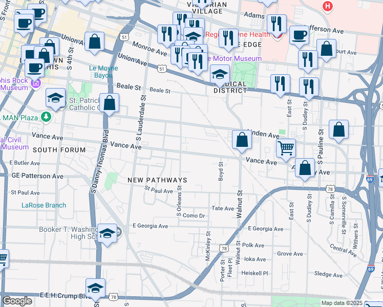map of restaurants, bars, coffee shops, grocery stores, and more near 673 Vance Avenue in Memphis