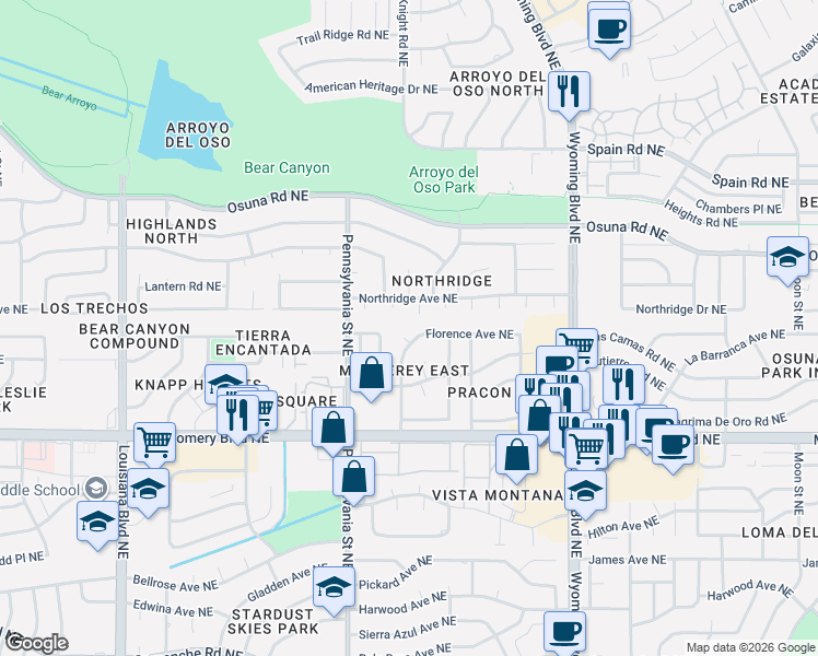 map of restaurants, bars, coffee shops, grocery stores, and more near 7824 Northridge Avenue Northeast in Albuquerque