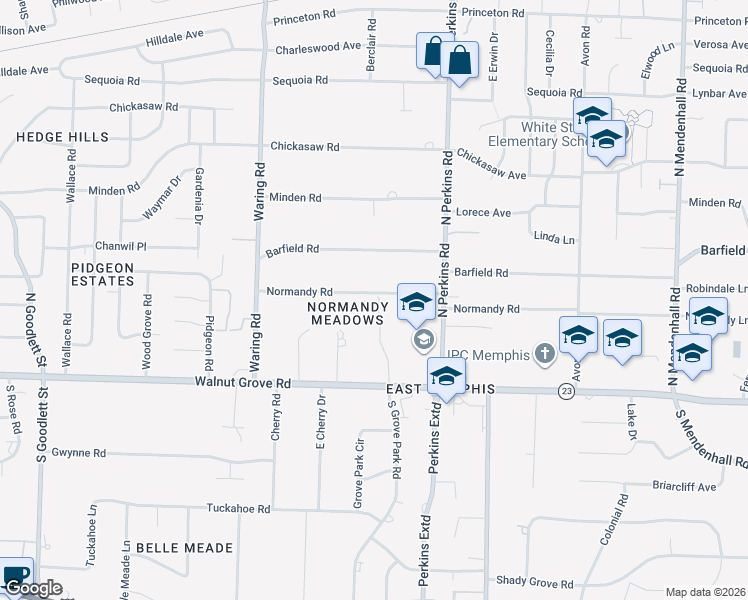 map of restaurants, bars, coffee shops, grocery stores, and more near 4510 Normandy Road in Memphis