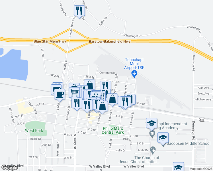 map of restaurants, bars, coffee shops, grocery stores, and more near 205 East I Street in Tehachapi