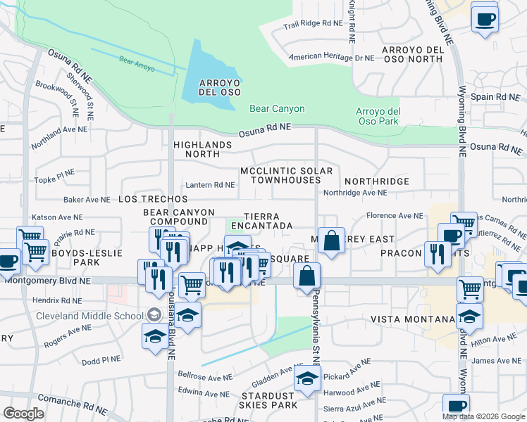 map of restaurants, bars, coffee shops, grocery stores, and more near 4735 Tierra Encantada Court Northeast in Albuquerque
