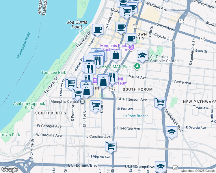 map of restaurants, bars, coffee shops, grocery stores, and more near 394 South B.B. King Boulevard in Memphis