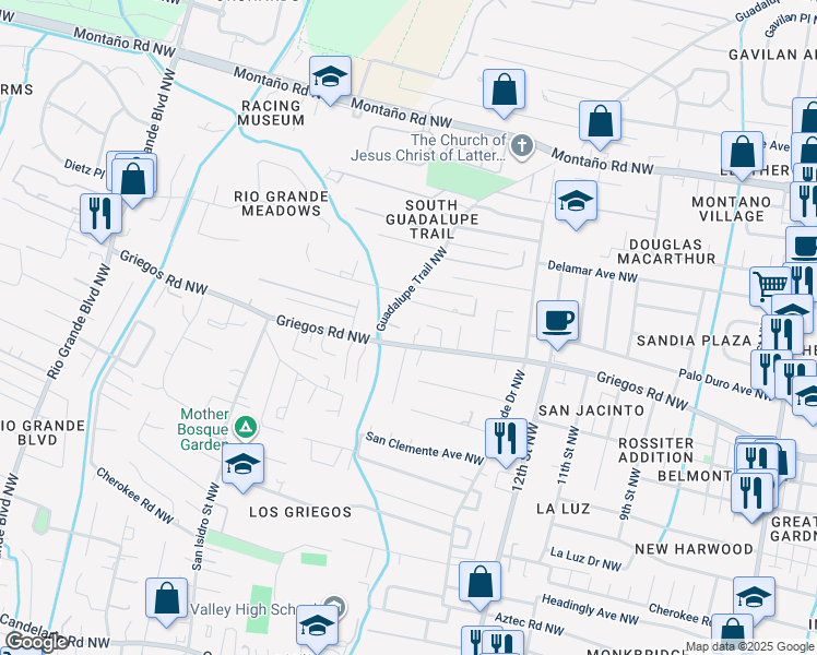 map of restaurants, bars, coffee shops, grocery stores, and more near 1531 Griegos Road Northwest in Albuquerque