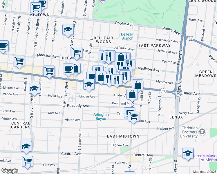 map of restaurants, bars, coffee shops, grocery stores, and more near 2029 Union Avenue in Memphis