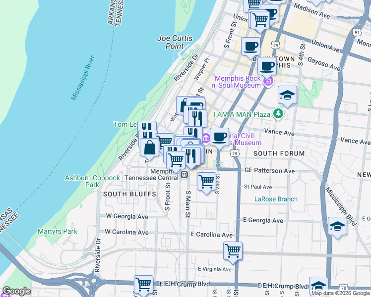 map of restaurants, bars, coffee shops, grocery stores, and more near 484 South Front Street in Memphis