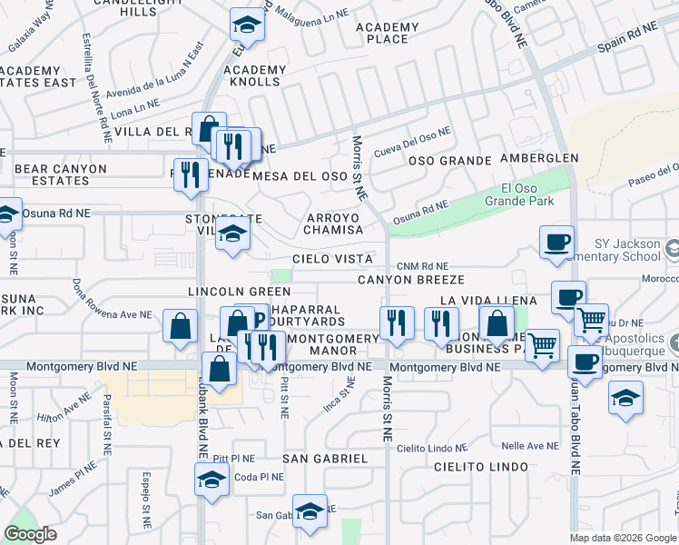 map of restaurants, bars, coffee shops, grocery stores, and more near 10229 Gutierrez Road Northeast in Albuquerque