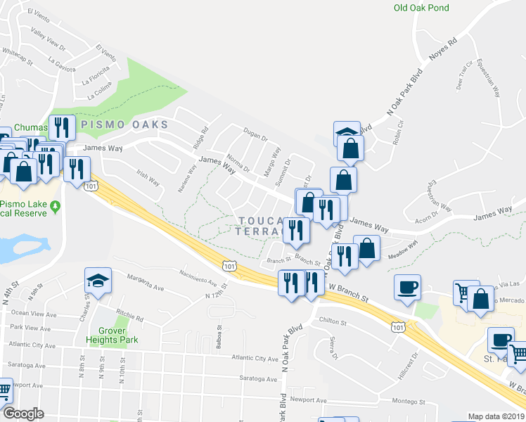 map of restaurants, bars, coffee shops, grocery stores, and more near 115 Marian Way in Pismo Beach