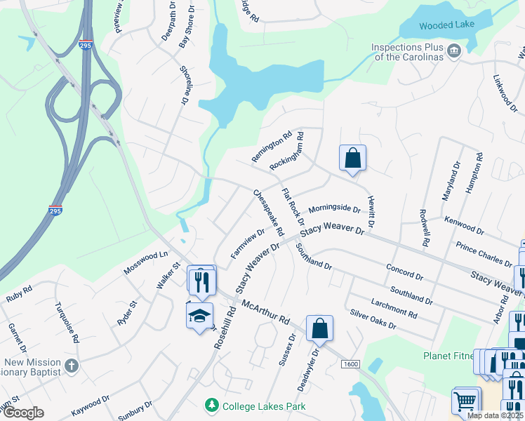 map of restaurants, bars, coffee shops, grocery stores, and more near 5131 Chesapeake Road in Fayetteville