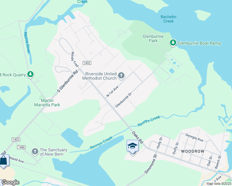 map of restaurants, bars, coffee shops, grocery stores, and more near 107-109 N 1st Ave in New Bern