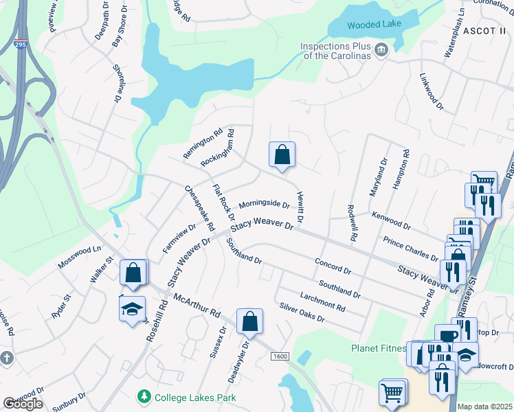 map of restaurants, bars, coffee shops, grocery stores, and more near 453 Morningside Drive in Fayetteville