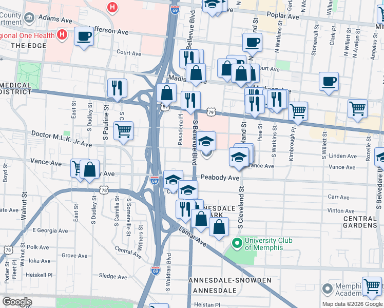 map of restaurants, bars, coffee shops, grocery stores, and more near 295 South Bellevue Boulevard in Memphis