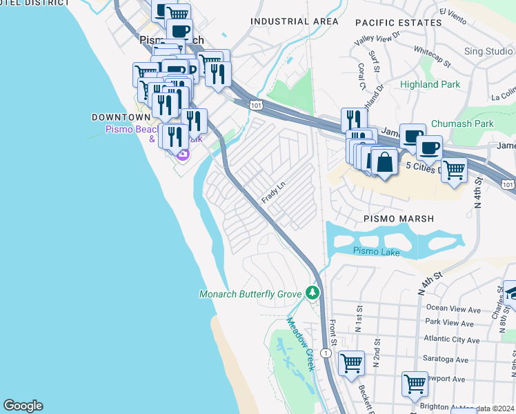 map of restaurants, bars, coffee shops, grocery stores, and more near 162 South Dolliver Street in Pismo Beach
