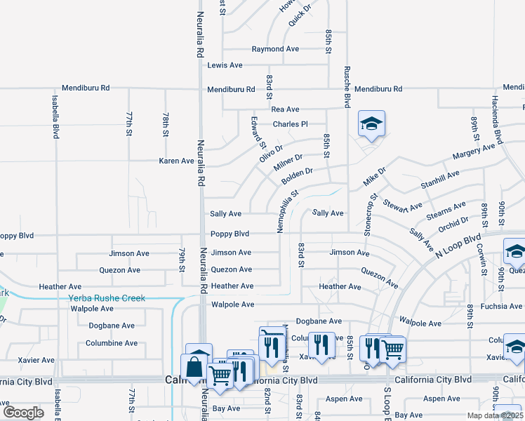 map of restaurants, bars, coffee shops, grocery stores, and more near Bolden Drive in California City