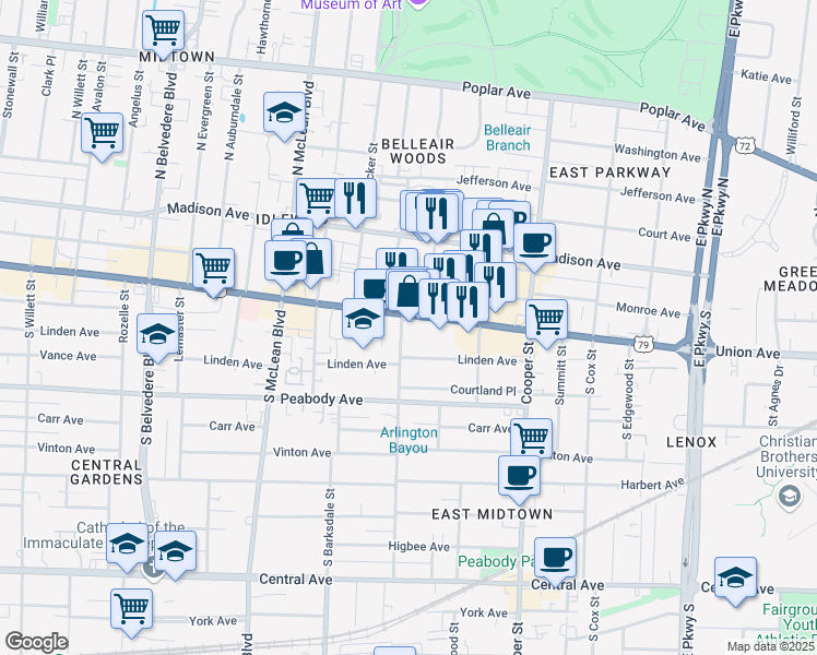 map of restaurants, bars, coffee shops, grocery stores, and more near 1981 Union Avenue in Memphis