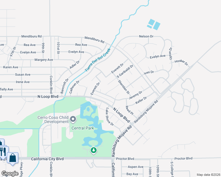 map of restaurants, bars, coffee shops, grocery stores, and more near 21551 Sheridan Court in California City