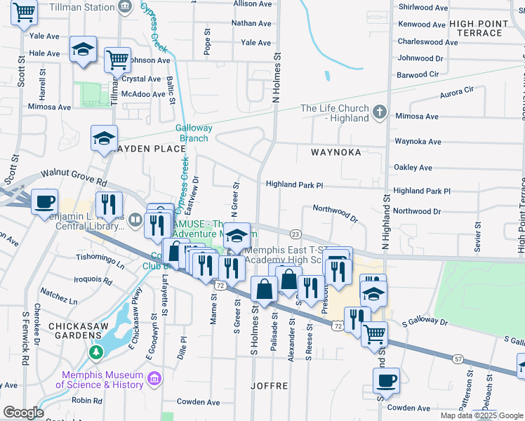 map of restaurants, bars, coffee shops, grocery stores, and more near 99 North Century Street in Memphis