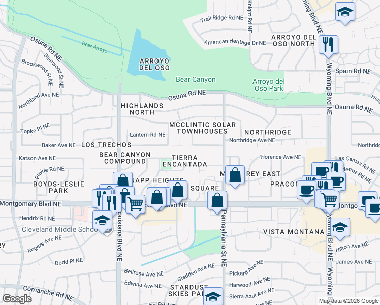 map of restaurants, bars, coffee shops, grocery stores, and more near 4735 Tierra Encantada Court Northeast in Albuquerque
