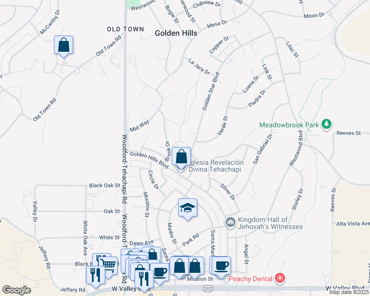 map of restaurants, bars, coffee shops, grocery stores, and more near 21633 Golden Star Boulevard in Tehachapi