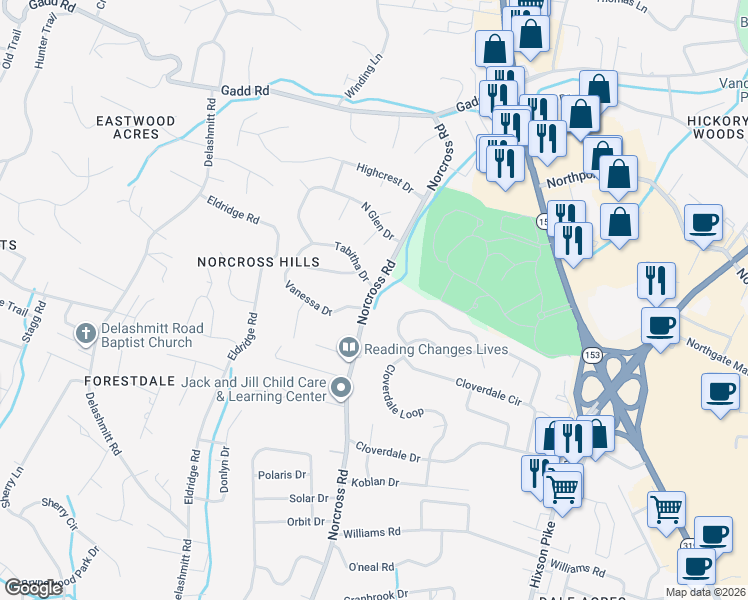 map of restaurants, bars, coffee shops, grocery stores, and more near 4612 Norcross Road in Chattanooga