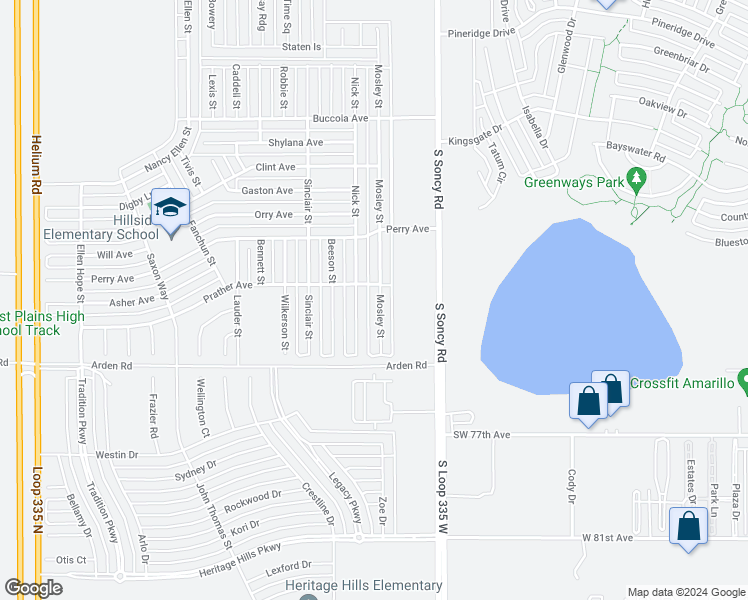 map of restaurants, bars, coffee shops, grocery stores, and more near 7210 Mosley Street in Amarillo
