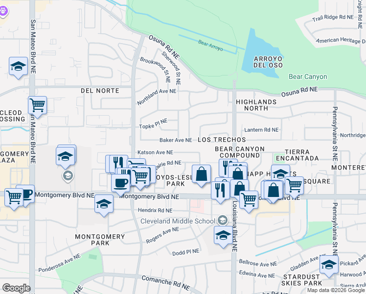 map of restaurants, bars, coffee shops, grocery stores, and more near 4001 Osuna Road Northeast in Albuquerque
