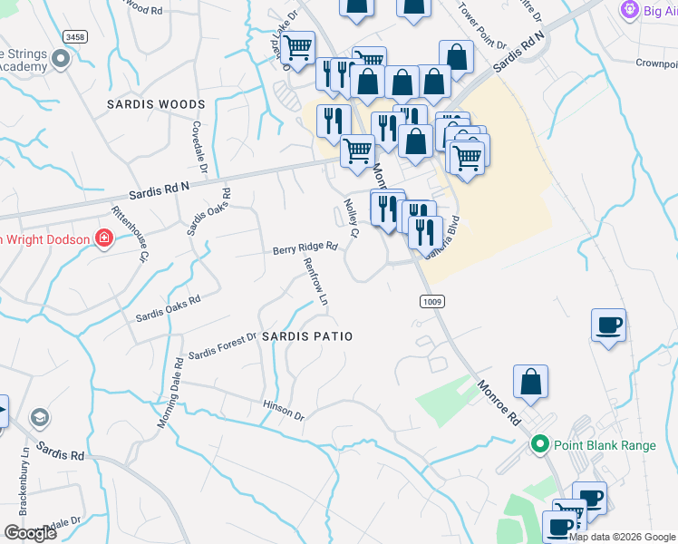 map of restaurants, bars, coffee shops, grocery stores, and more near 9012 Nolley Court in Charlotte
