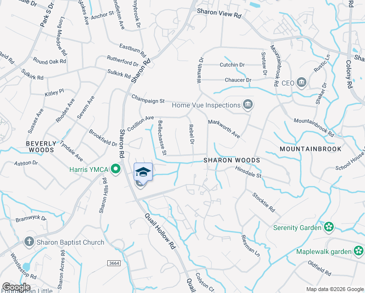 map of restaurants, bars, coffee shops, grocery stores, and more near 5716 Rebel Drive in Charlotte