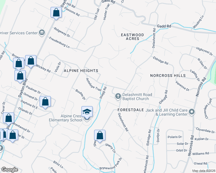 map of restaurants, bars, coffee shops, grocery stores, and more near 4829 Stagg Road in Chattanooga