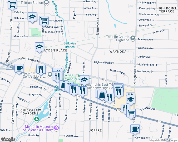 map of restaurants, bars, coffee shops, grocery stores, and more near 93 North Holmes Street in Memphis