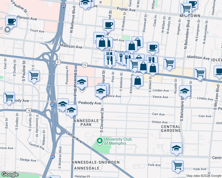 map of restaurants, bars, coffee shops, grocery stores, and more near 268 Pine Street in Memphis