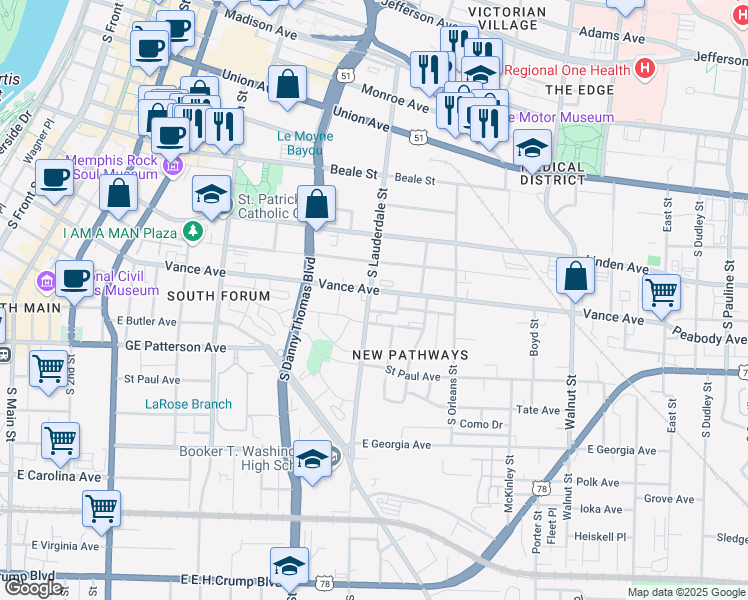 map of restaurants, bars, coffee shops, grocery stores, and more near 555 Vance Avenue in Memphis