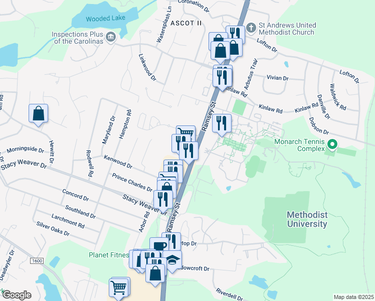 map of restaurants, bars, coffee shops, grocery stores, and more near 5411 U.S. 401 in Fayetteville