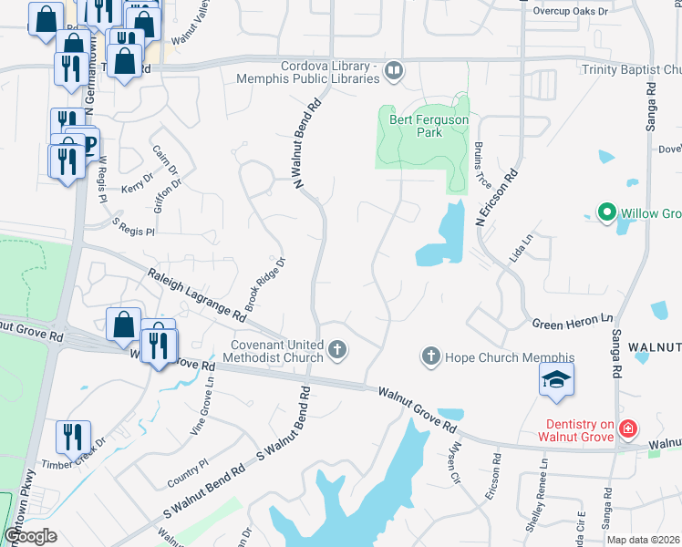 map of restaurants, bars, coffee shops, grocery stores, and more near 8362 Cedar Bend Cove in Memphis